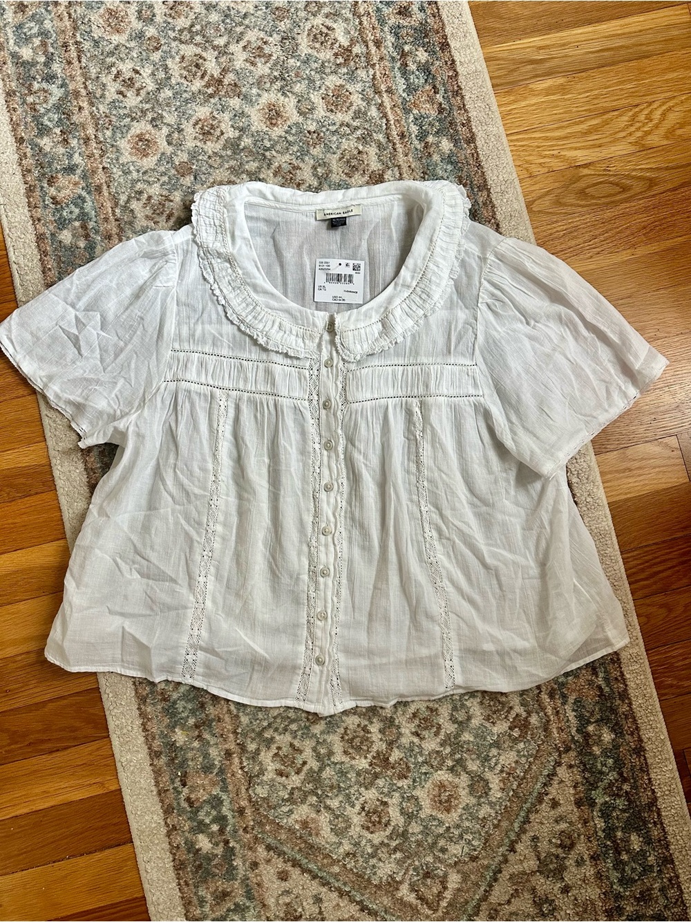 American Eagle Pintuck Blouse Ruffled Collar Button-Front